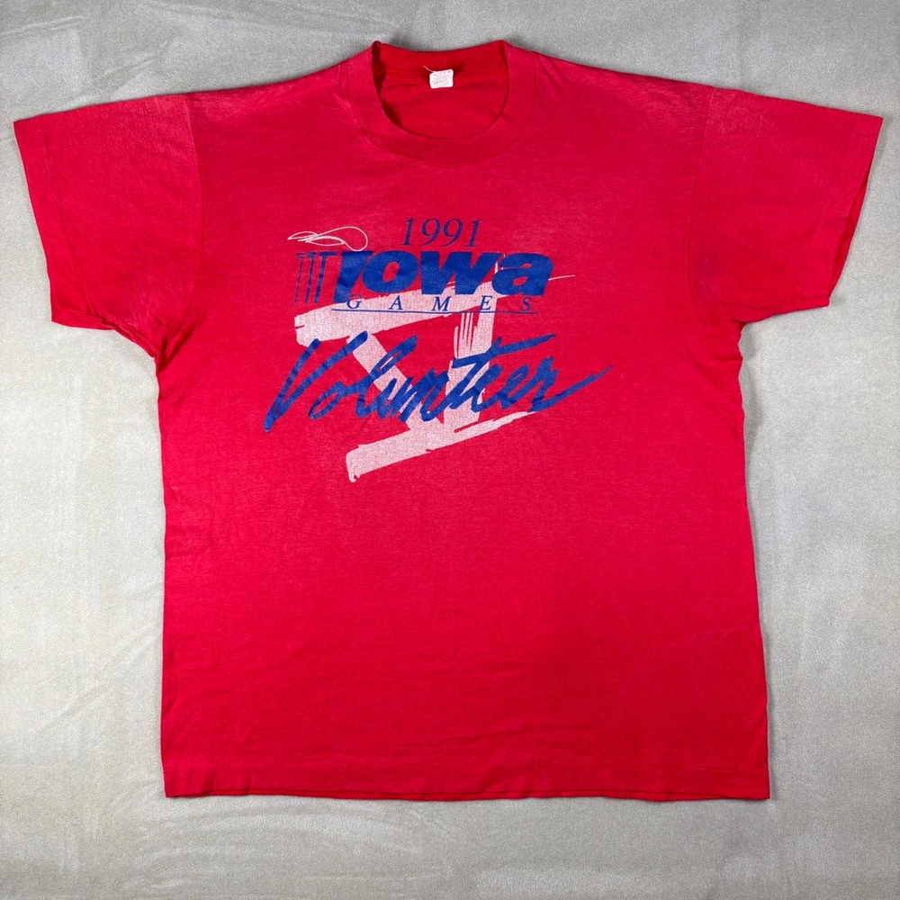 Vintage 1991 Iowa Games Volunteer T Shirt Red Single Stitch XL Made in USA 90s